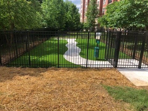 A black fence surrounds a park with a path going through it.