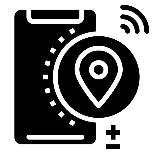 A black and white icon of a cell phone with a pin on it.