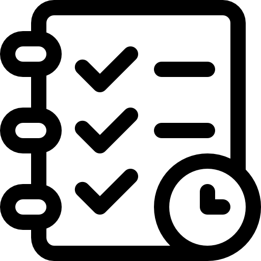 A black and white icon of a checklist with a clock.