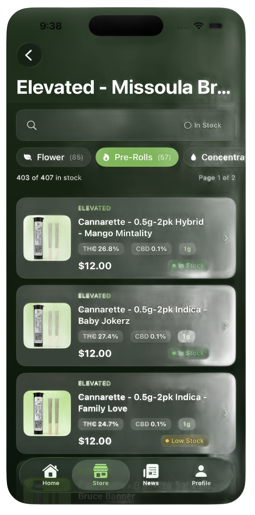 Green app screen showing “Elevated - Missoula Br…” and a list of vehicle service items with prices.