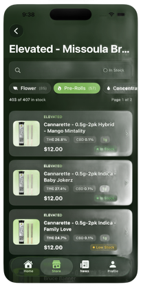 Dark green app screen showing “Elevated - Missoula Br…” search results and a list of train options with prices.