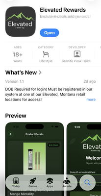 App store listing for “Elevated Rewards” with a green logo, Open button, and preview screenshots
