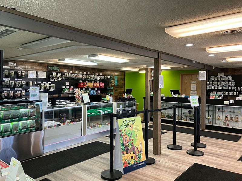 Interior of a cannabis dispensary with products on display, green and wood accents, and a line barrier.