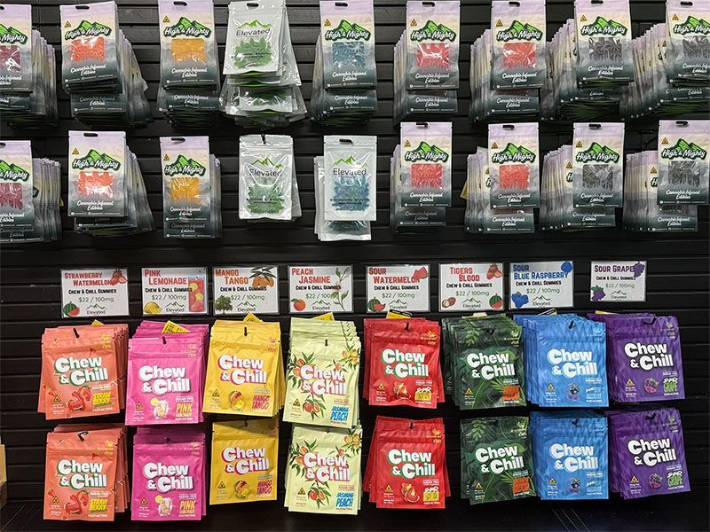Display of packaged candies with various flavors and brands.