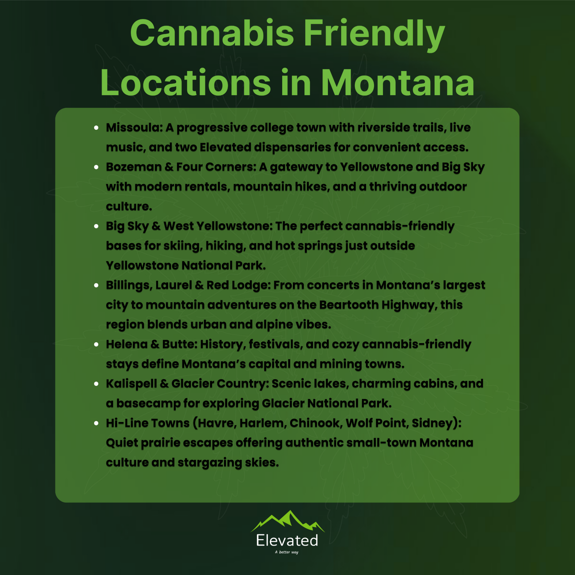 cannabis-friendly locations in Montana: Missoula, Bozeman, Big Sky, Billings, Helena, Kalispell, & Hi-Line towns.