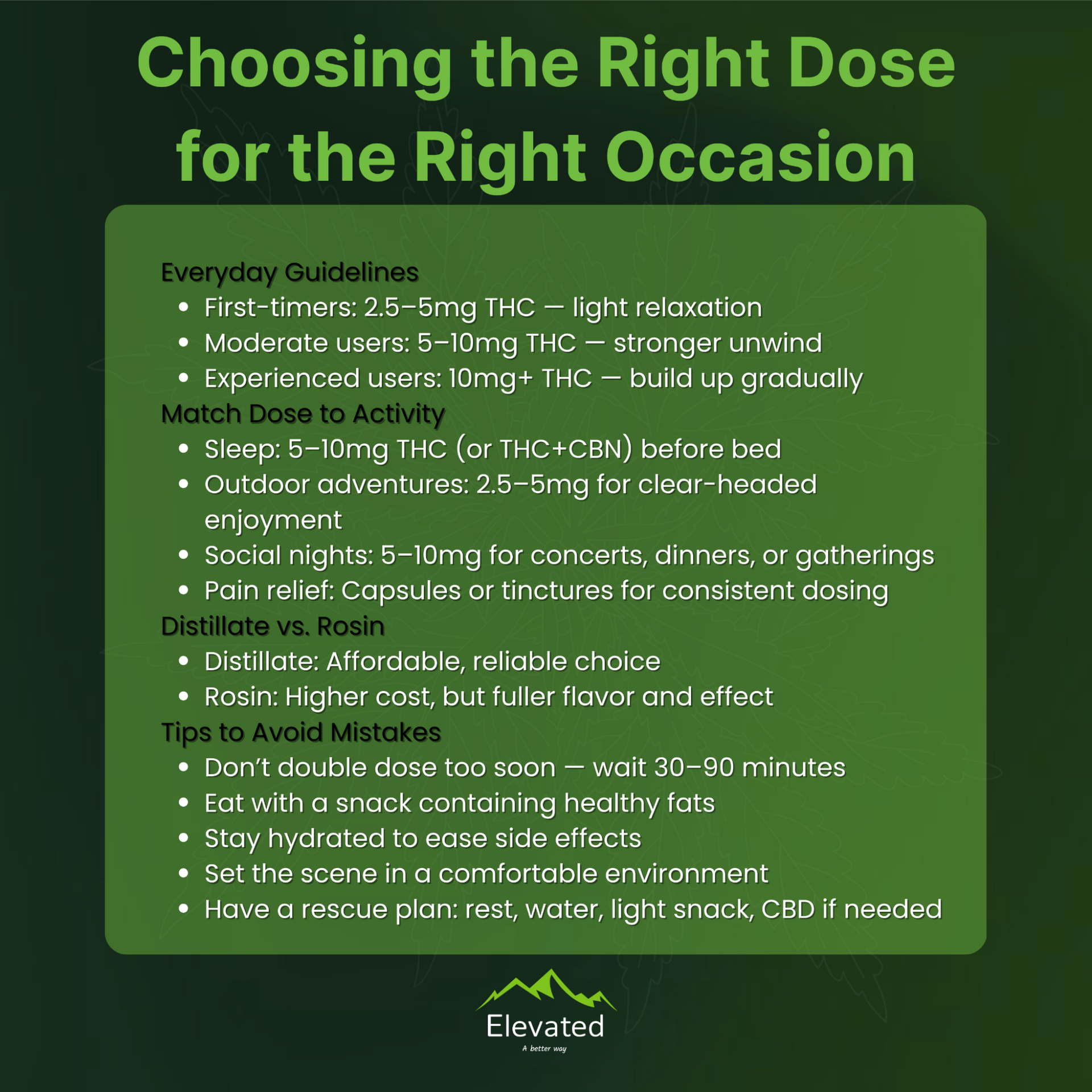Green graphic: guide to cannabis dosing, featuring dose guidelines, activity suggestions, and tips for avoiding mistakes.