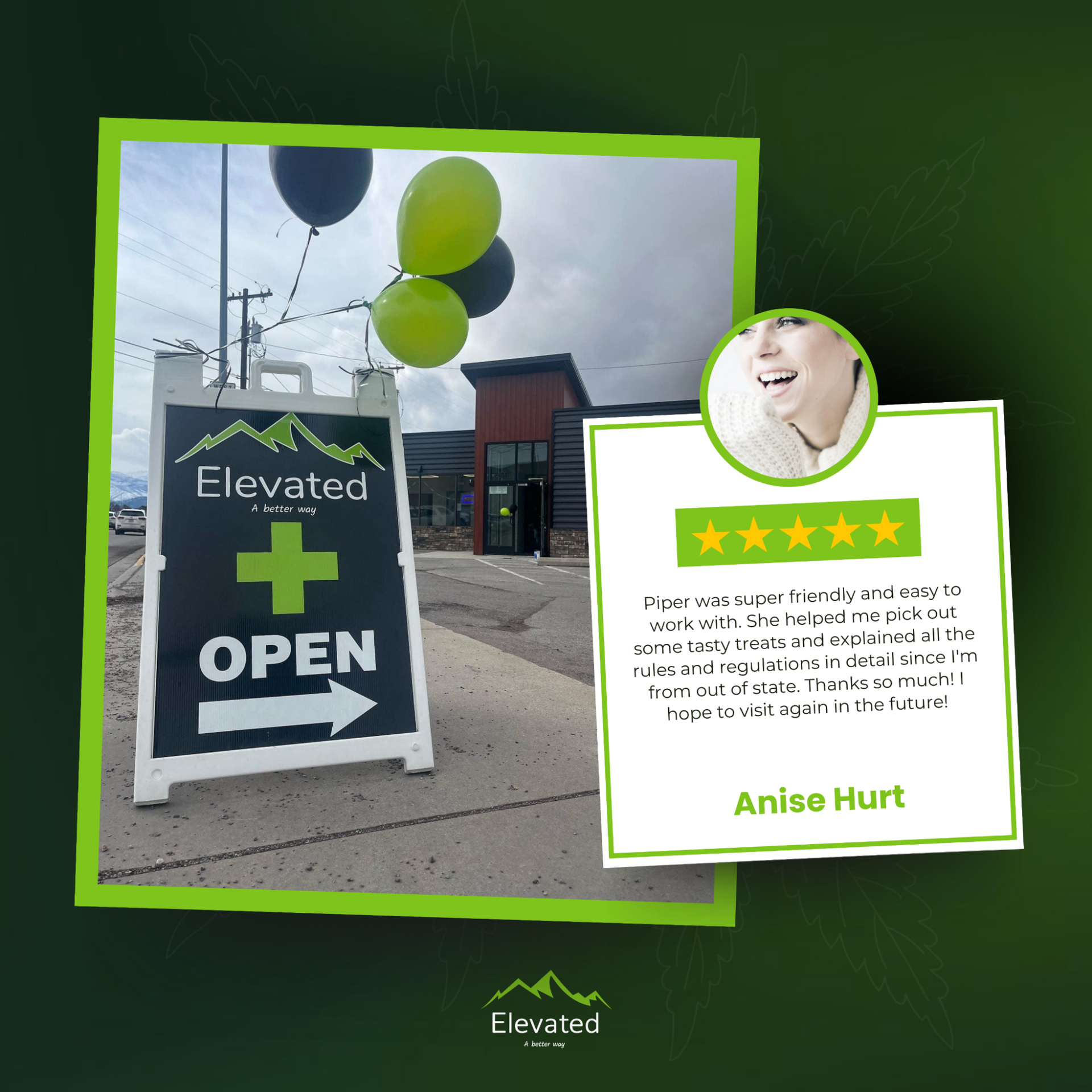 An outdoor sign for Elevated Cannabis with balloons and a customer review.