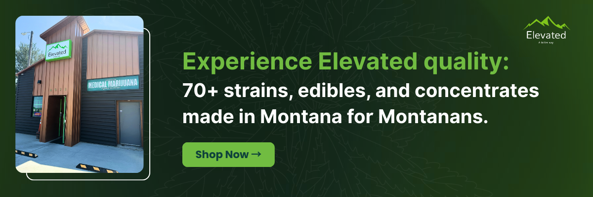 Advertisement for a Montana cannabis dispensary: building photo, green text, 