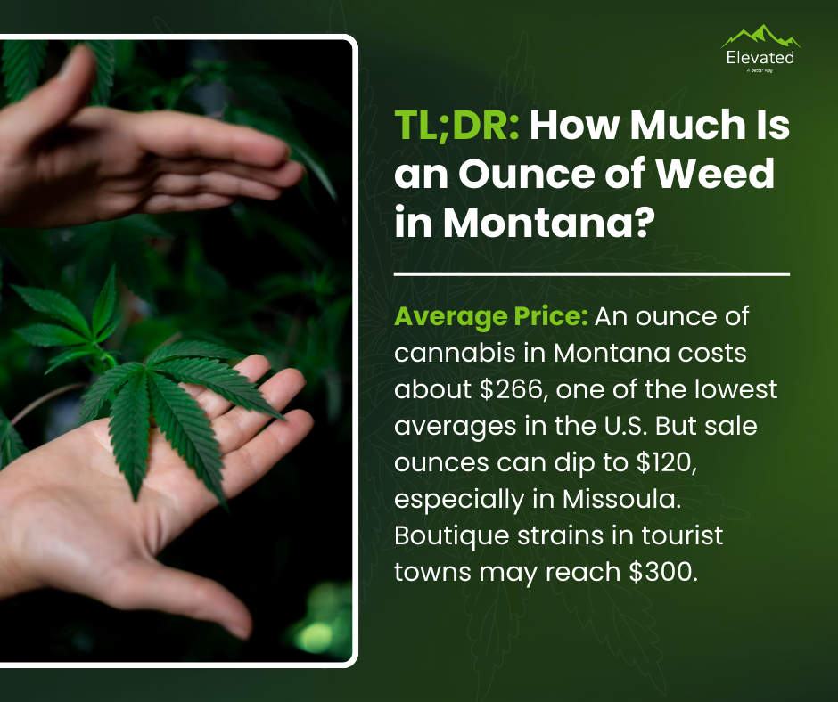 Graphic showing the price of an ounce of weed in Montana. Hands holding a marijuana leaf.