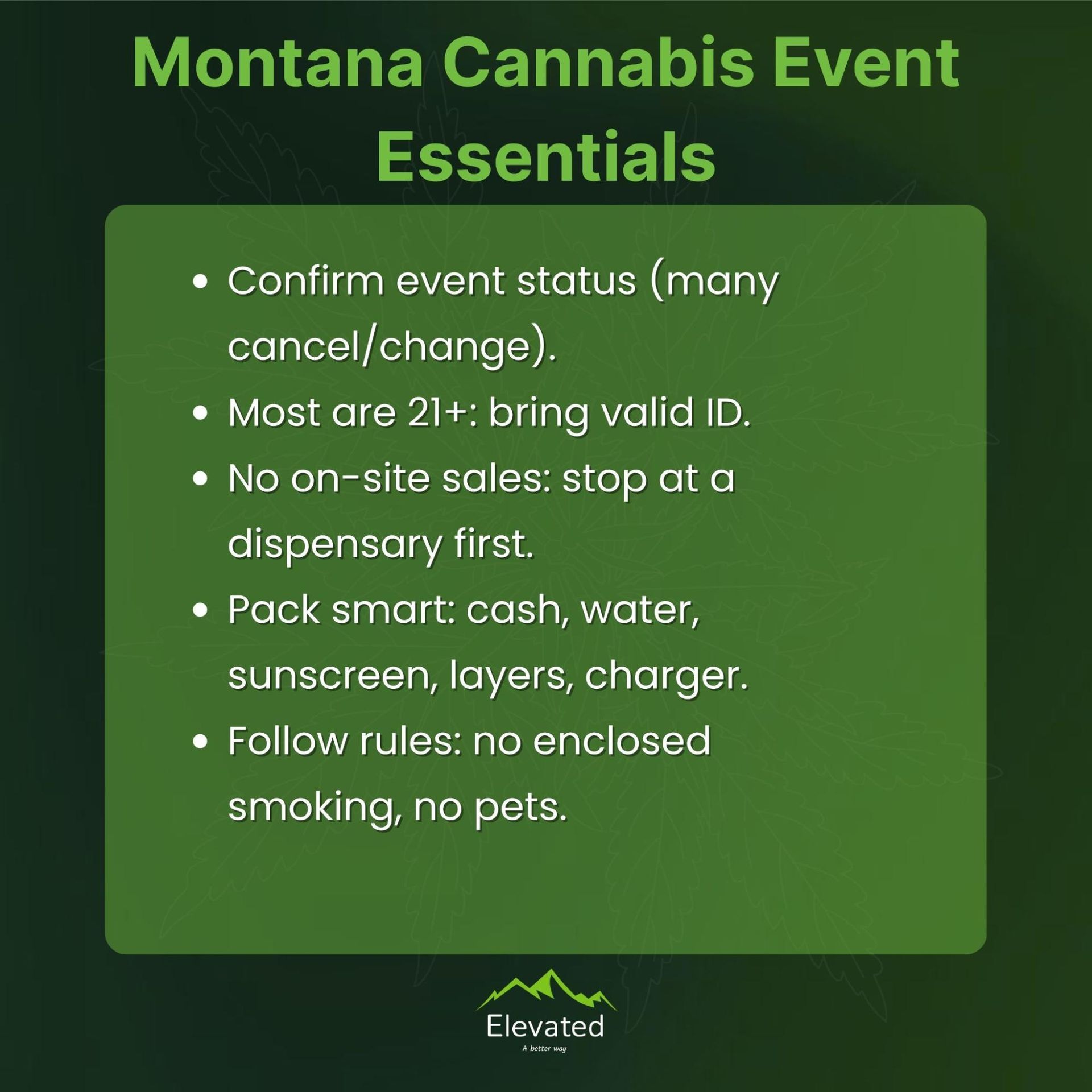 Guide for Montana cannabis events: bring ID (21+) no on-site sales, pack smart, follow rules