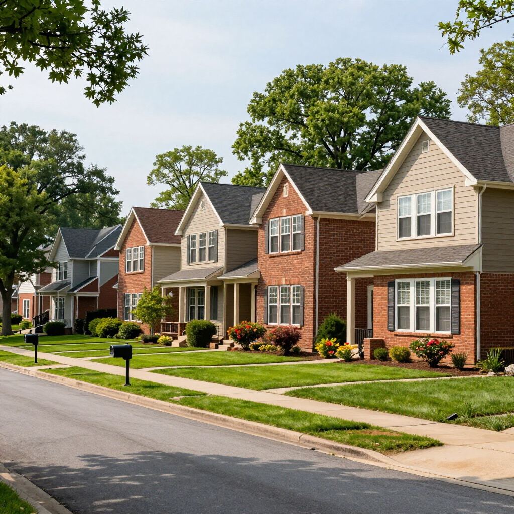 Quiet suburban street with brick houses, green lawns, trees, and sidewalks on a sunny day