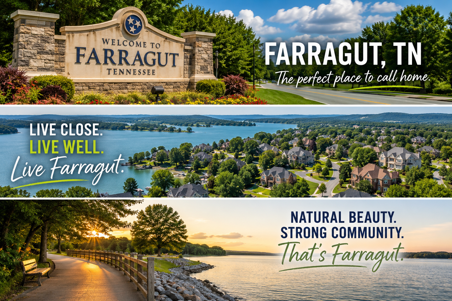 Collage of Farragut, TN signs with lake and sunset views, promoting “Live local. Live well.”