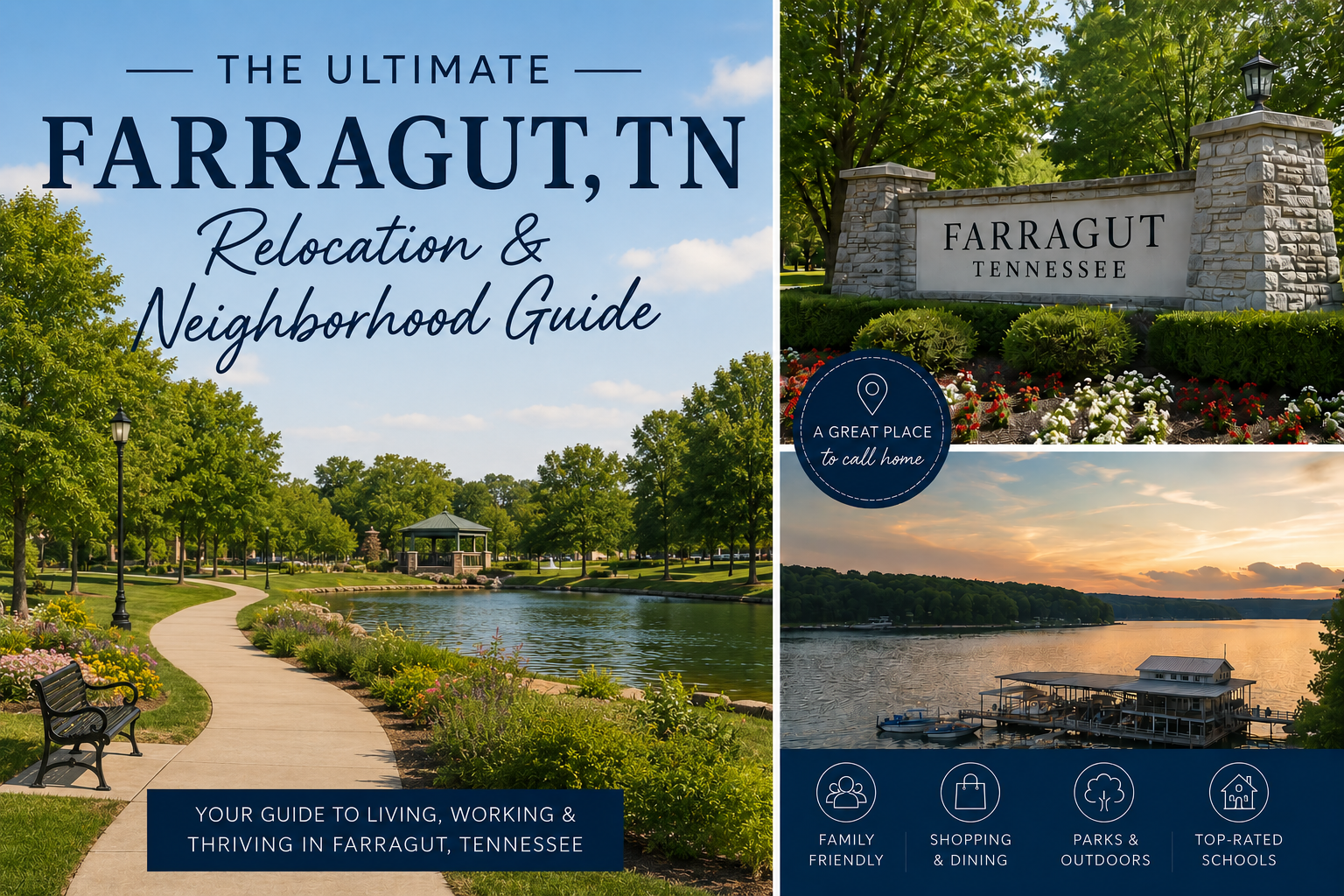 Farragut, TN relocation and neighborhood guide with lake, park, and town sign imagery.