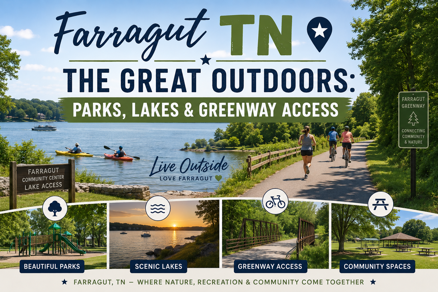 Farragut TN outdoor recreation poster with lakes, trails, kayaking, biking, fishing, and picnic icons