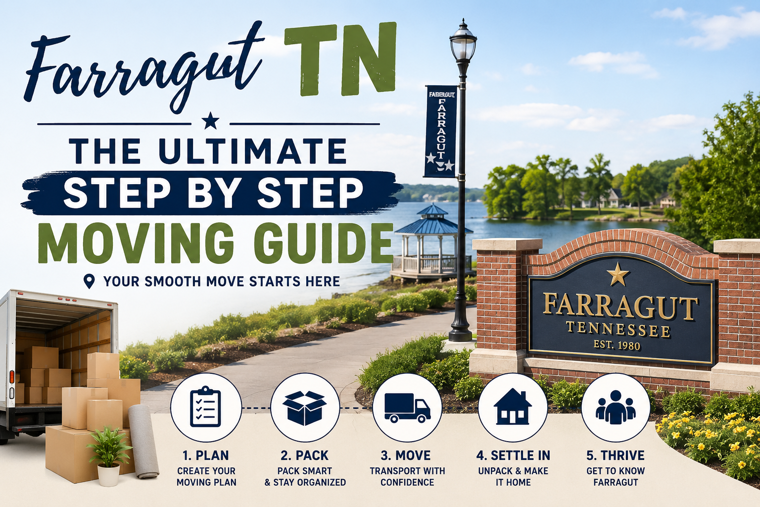 Farragut, TN moving guide ad with boxes, truck, and neighborhood signs by a brick entrance monument