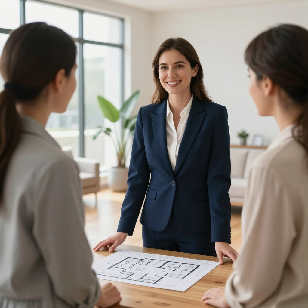 Three professionals in a bright office reviewing a floor plan with a smiling presenter.