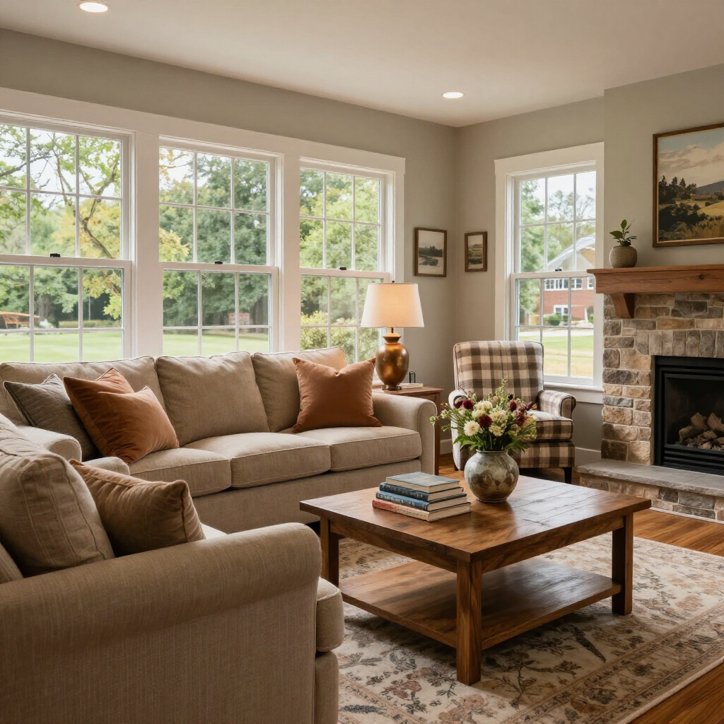 Cozy living room with beige sofas, wooden coffee table, stone fireplace, and large windows overlooking greenery