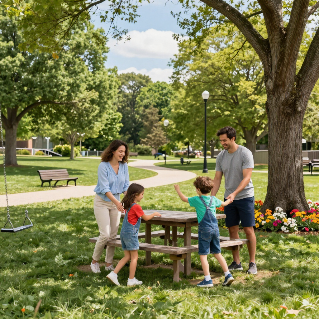 Family playing at a picnic table in a sunny park with trees and flowers