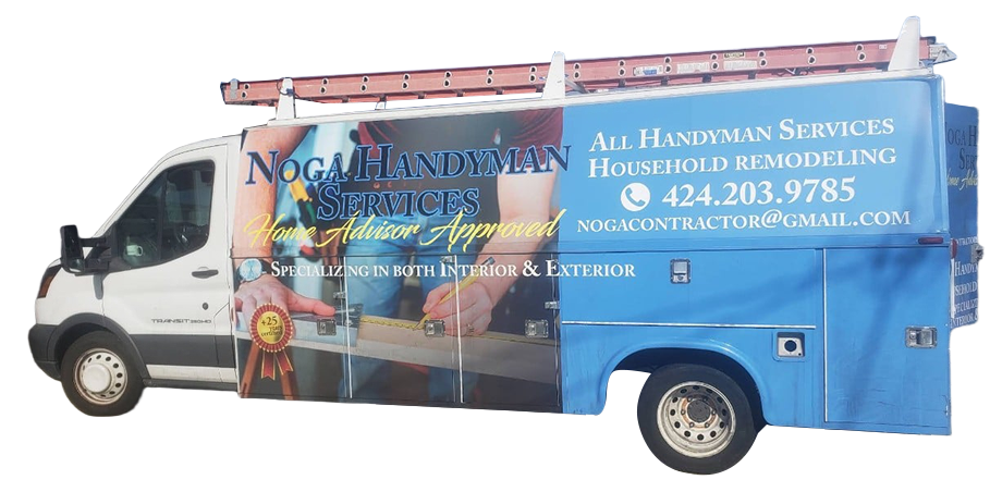 White and blue handyman service truck with ladder on top and business logo.