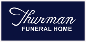 Thurman Funeral Home logo in white script on a dark blue background