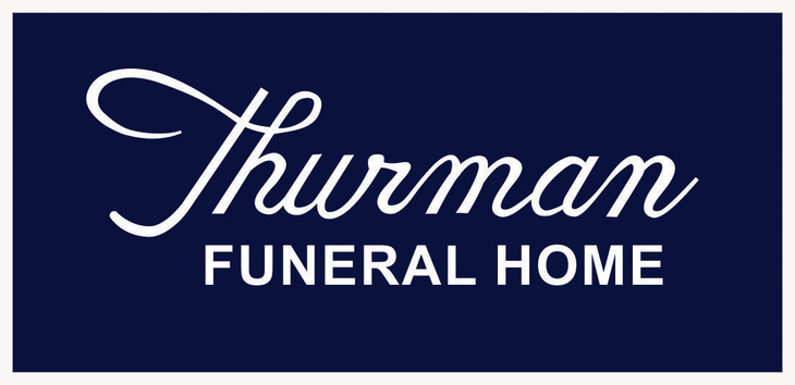 Thurman Funeral Home logo in white script on a dark blue background