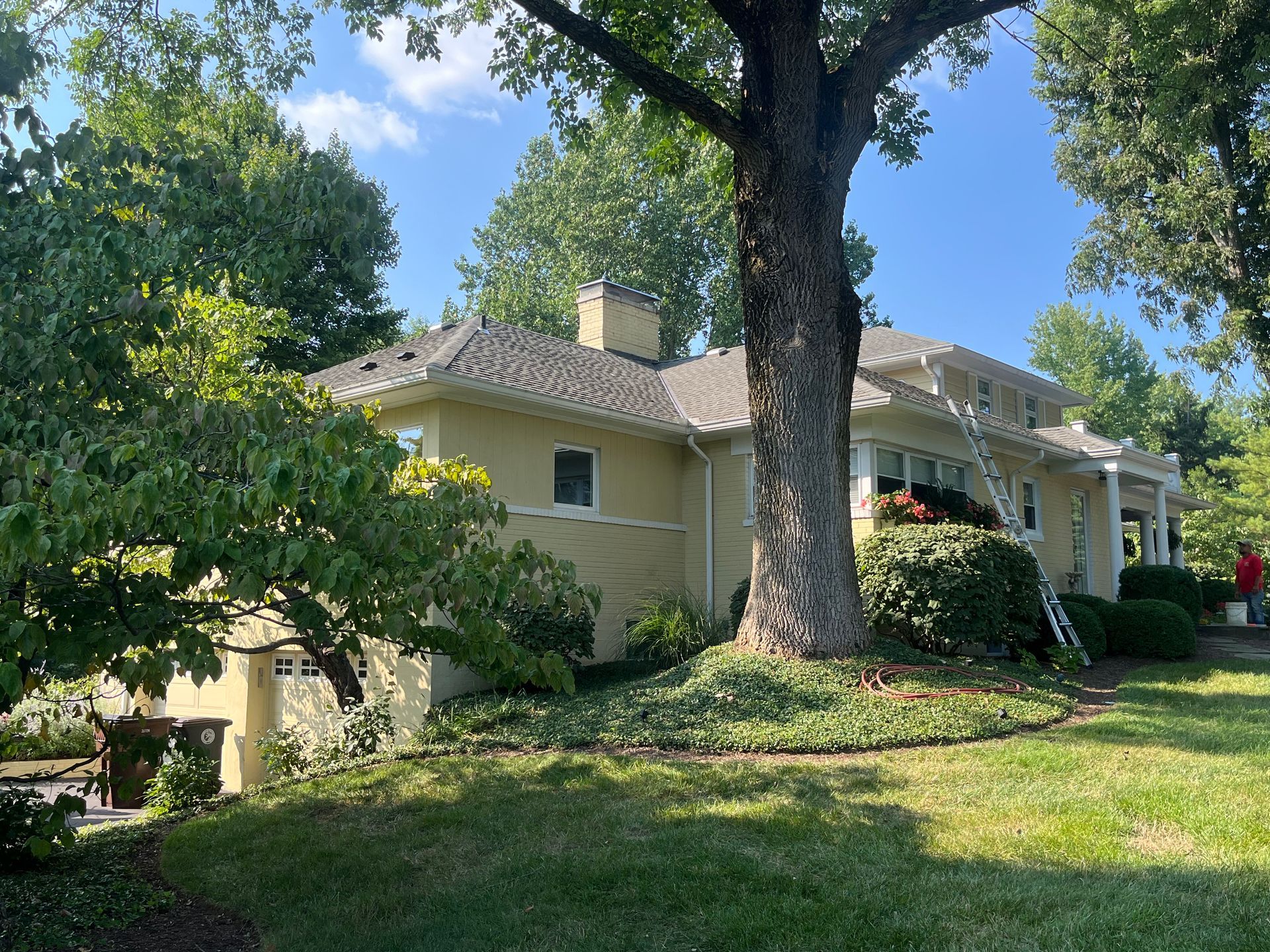 Suburban house with beige siding, large trees, and a grassy front yard on a sunny day