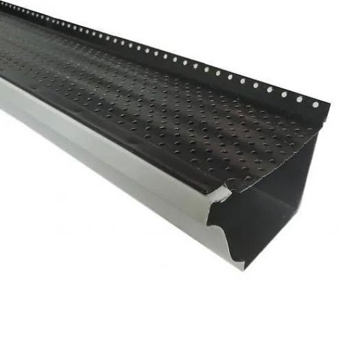 Black perforated metal roof edge trim with white underside, shown on a white background