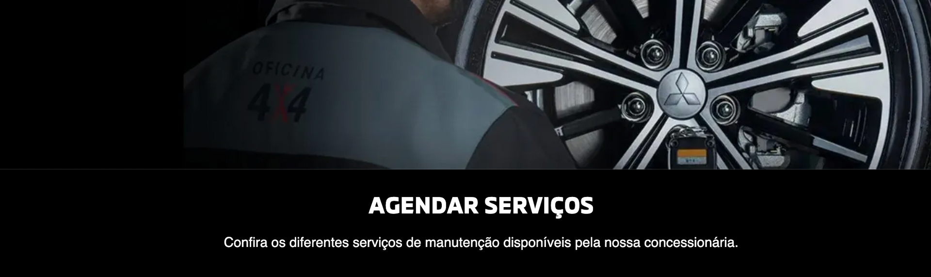 Banner com roda de carro e chave inglesa, intitulado “Agendar Serviços” em fundo escuro.
