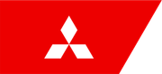 Logotipo vermelho da Mitsubishi sobre fundo branco e vermelho.