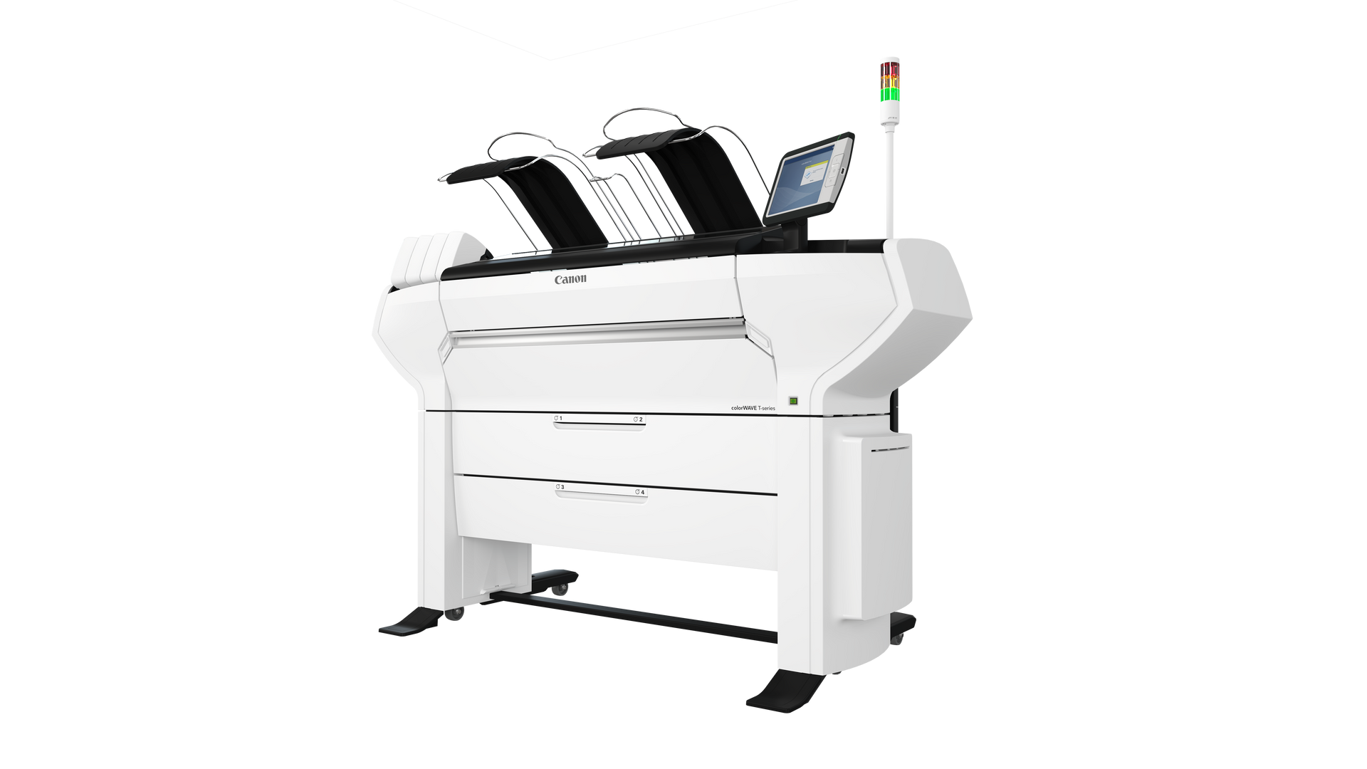 White wide-format printer with black scanners and control panel.