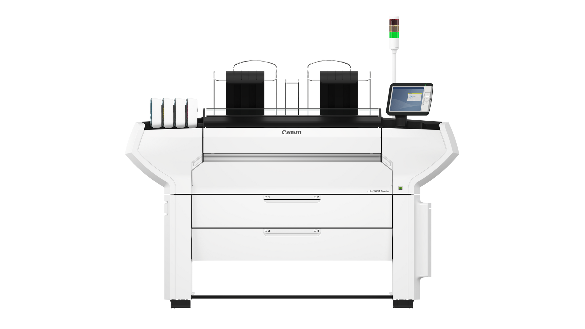 White Canon large-format printer with paper trays, control panel, and lights.