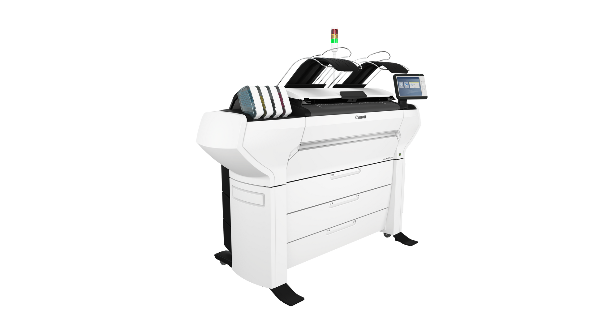 Large white printer with roll feeders, touchscreen, and paper output tray.