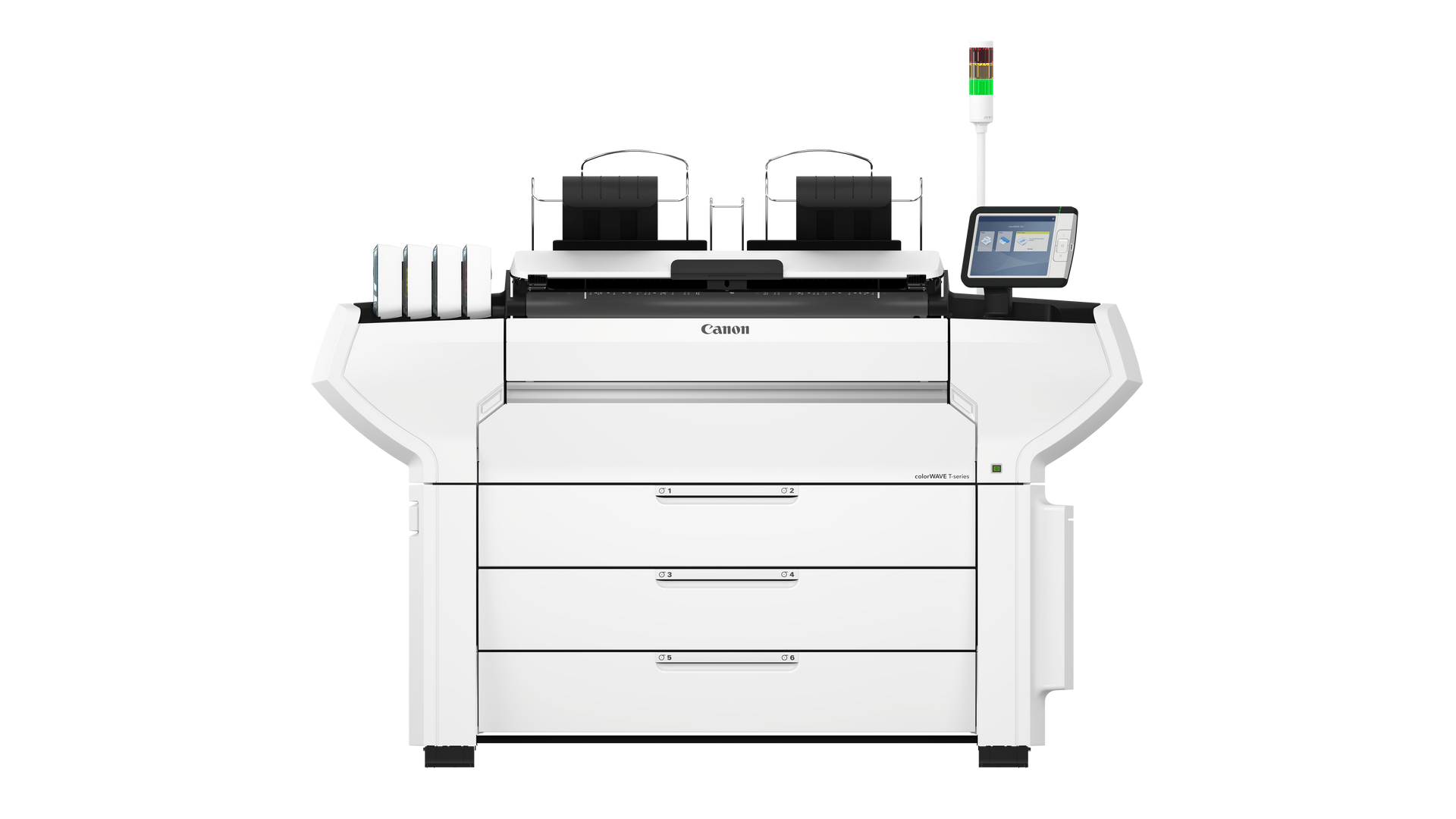 White Canon wide-format printer with paper trays, control panel, and overhead paper holders.