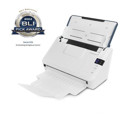 White desktop document scanner with paper feeding out, shown on a white background with a BLI Pick Award badge.