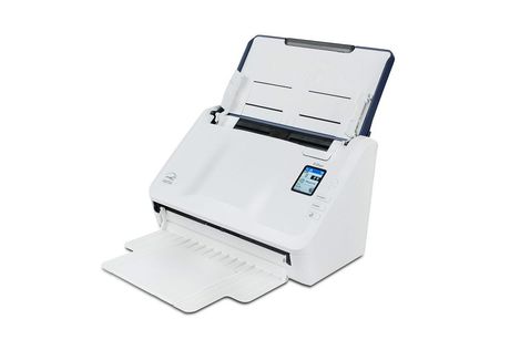 White desktop paper scanner with document feeder and output tray on a plain background