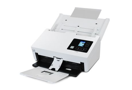 White desktop document scanner with automatic feeder and a small color touchscreen control panel