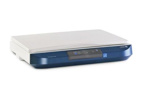 Flatbed scanner with a white lid and blue base on a white background