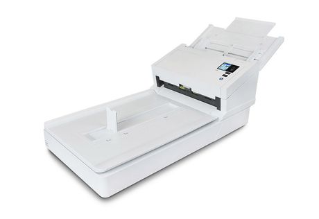 White desktop document scanner with an open lid and paper tray