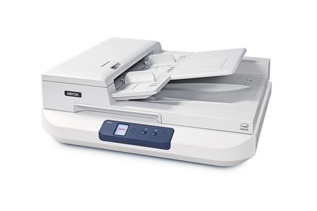 White multifunction printer/scanner with paper tray open on a white background