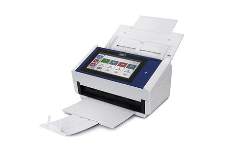 Desktop document scanner with an open feeder tray and color touchscreen on a white background