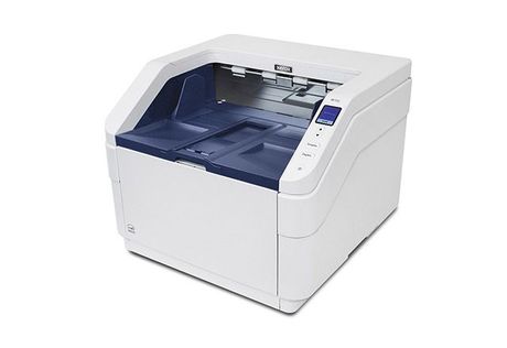 White office printer with blue paper trays and control panel