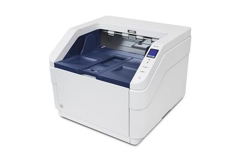 White office printer with blue paper tray and control panel
