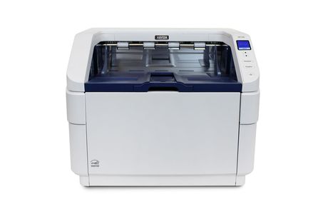 Desktop printer with white body and dark blue top tray on a plain background