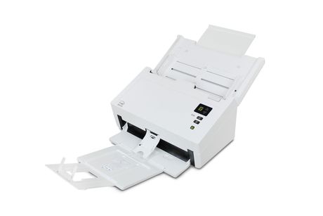 White document scanner with paper feeder and output tray on a white background