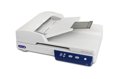 White flatbed scanner with automatic document feeder and blue control panel.