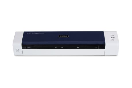 Compact blue-and-white scanner with front paper slot on a white background