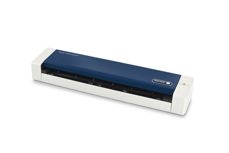 Blue and white portable document scanner on a white background