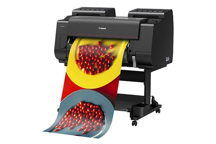 Large-format Canon printer printing a colorful graphic with red and yellow elements on a roll of paper.