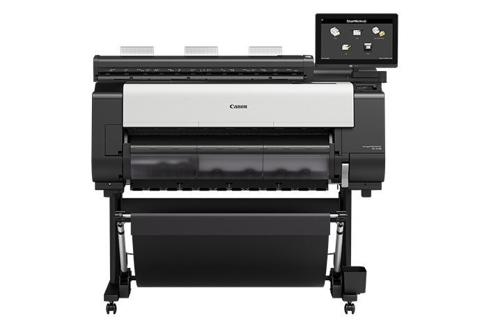 Canon large-format printer, black and white, with touch screen and paper catch bin.
