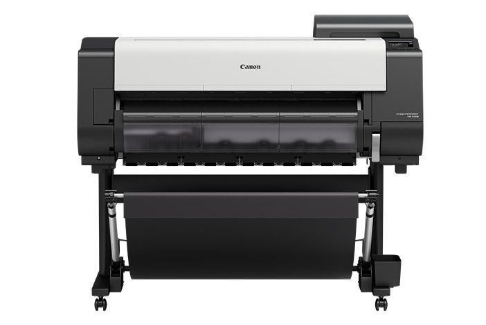 Large Canon inkjet printer on a wheeled stand, black and white design.